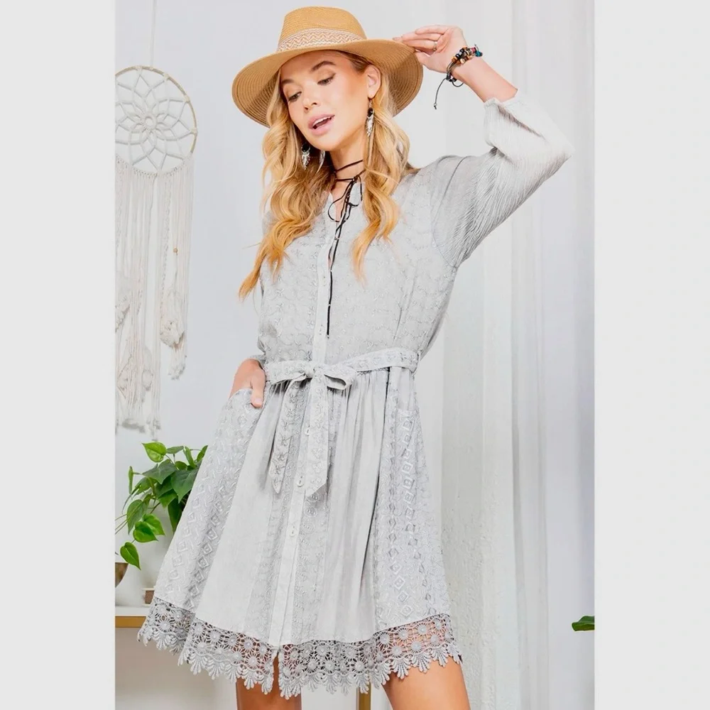 Young Threads Bohemian Baby Doll Button Down Dress in Light Gray Size L NWT - Picture 6 of 14